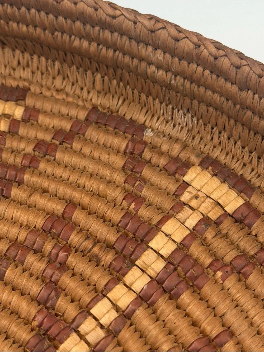 Vintage Hand Coiled Woven Basket Tray With Handles Geometric Boho Decor Brown